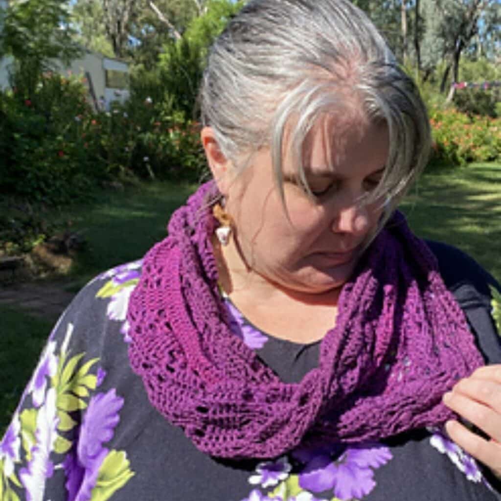 Hawthorne Mobius Cowl Crochet Pattern Carmel Test Version in Purple